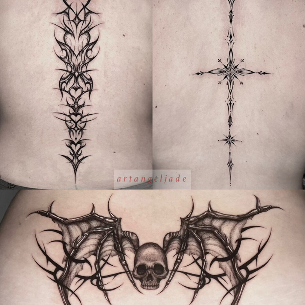 demon-winged-skull-tribal-spinal-and-lowerback-tattoos